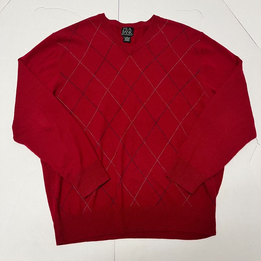 JOS.‎ A. BANK Mens L Lambswool Pullover Sweater Red Argyle V-Neck Long Sleeve